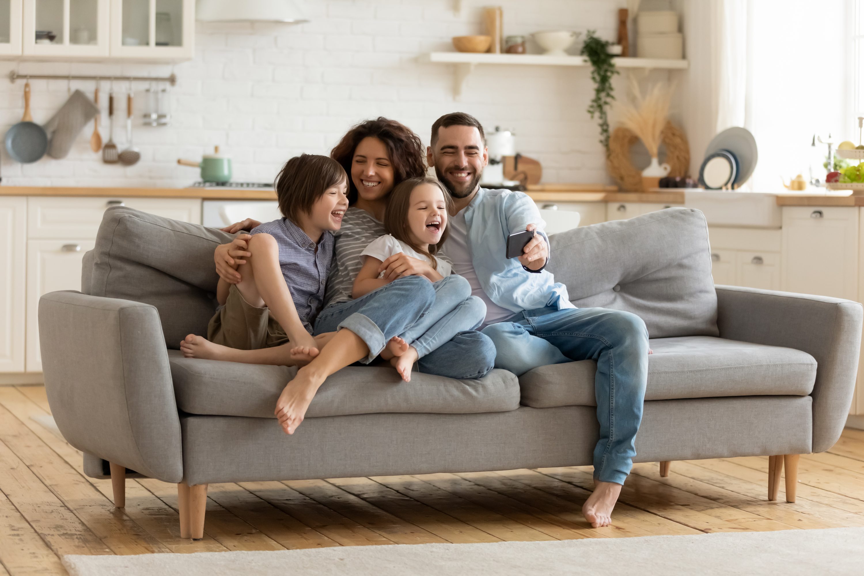 happy family on couch