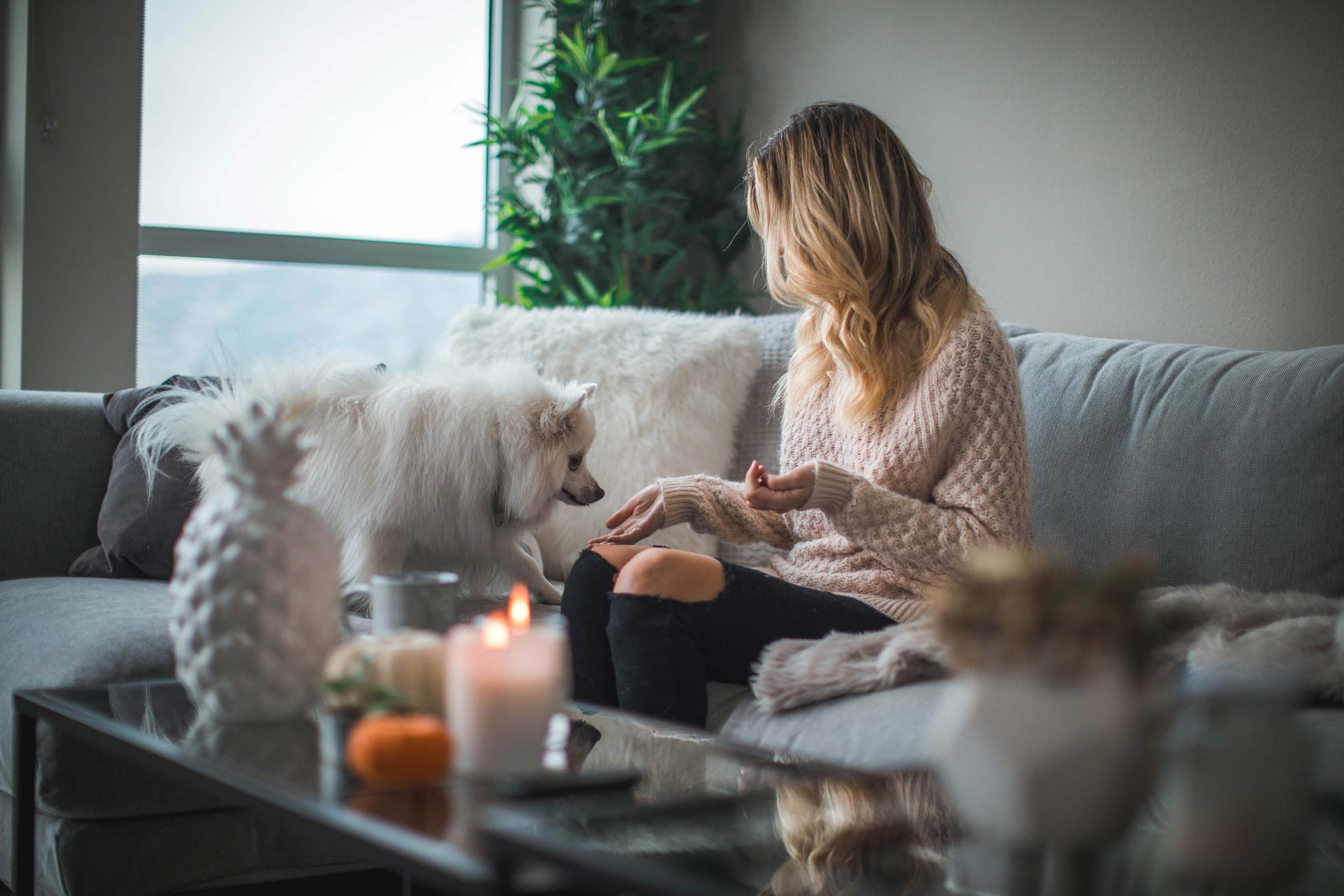 woman inside with dog